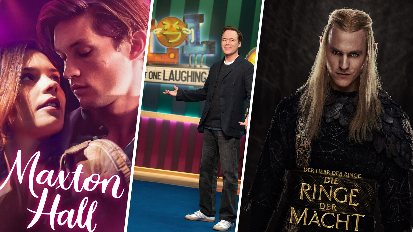 Von der romantischen Hype-Serie Maxton Hall über neue Folgen von LOL bis zum epischen Serien-Highlight Die Ringe der macht: Das alle seht ihr auch beim neuen TV-Sender Prime | © Prime Video / collage: Hörzu