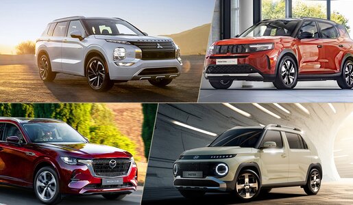 Neue E-Autos stehen für 2025 in den Startlöchern: Mitsubishi Outlander, Opel Frontera, Mazda CX-80 und Hyundai Inster (v.o.l.) | © Hersteller