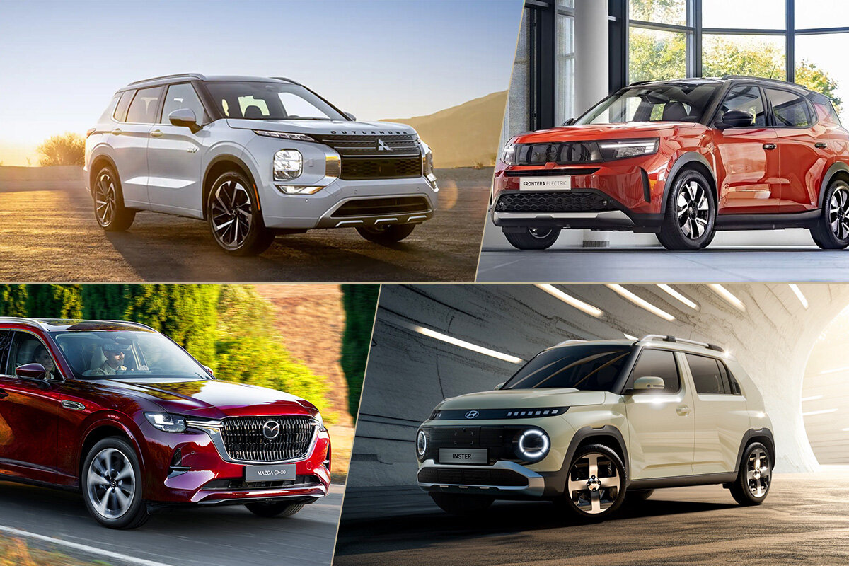 Neue E-Autos stehen für 2025 in den Startlöchern: Mitsubishi Outlander, Opel Frontera, Mazda CX-80 und Hyundai Inster (v.o.l.) | © Hersteller
