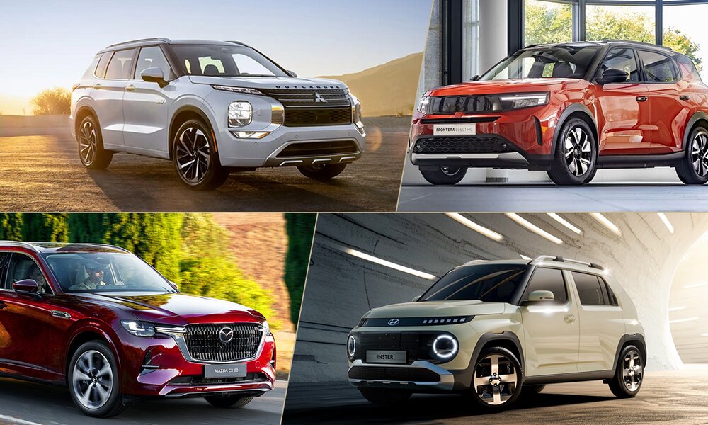 Neue E-Autos stehen für 2025 in den Startlöchern: Mitsubishi Outlander, Opel Frontera, Mazda CX-80 und Hyundai Inster (v.o.l.) | © Hersteller