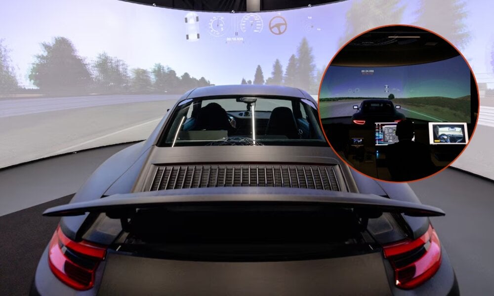 Der Porsche 911 steht fest im Raum. Die Testfahrer haben dennoch das Gefühl, in voller Fahrt zu sein. E In der Kommandozentrale hinter dem Testwagen werden alle Infos an das Auto gesteuert und gelieferte Daten überwacht. | © Pirelli