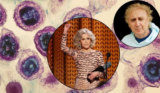 Sie haben Non-Hodgkin-Lymphome besieht: Jane Fonda und Gene Wilder | © gr. Foto Adobe Stock, kl. Fotos: Getty Images