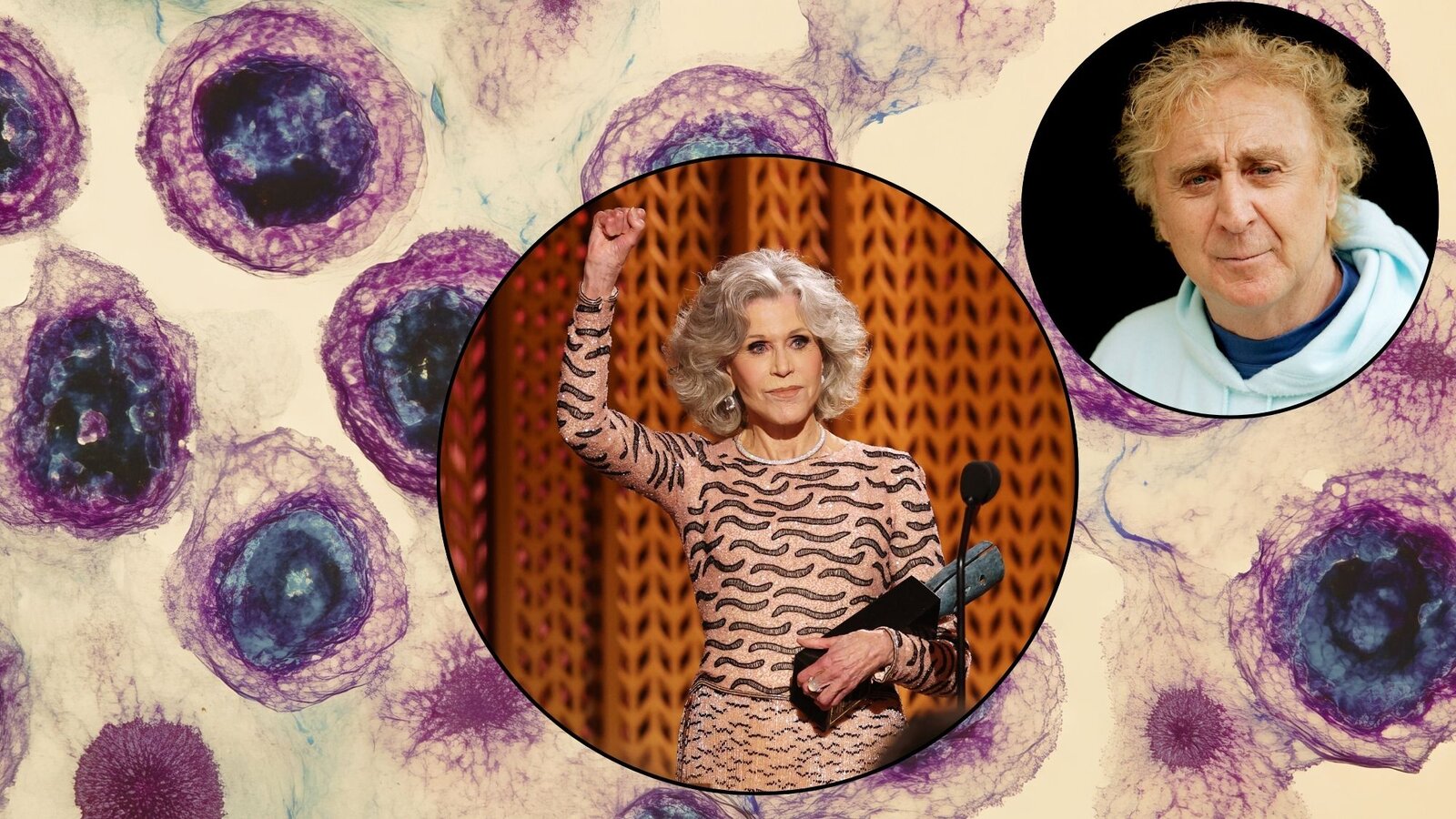 Sie haben Non-Hodgkin-Lymphome besieht: Jane Fonda und Gene Wilder | © gr. Foto Adobe Stock, kl. Fotos: Getty Images
