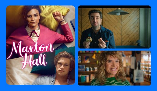 Zwei Highlights, die sich sehen lassen: Die gehypte Verfilmung der Buchreihe Maxton Hall und die Comedy-Serie Perfekt Verpasst mit Bastian Pastewka und Anke Engelke  | © Prime Video / Collage: Hörzu.de