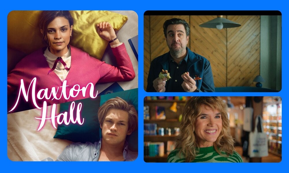 Zwei Highlights, die sich sehen lassen: Die gehypte Verfilmung der Buchreihe Maxton Hall und die Comedy-Serie Perfekt Verpasst mit Bastian Pastewka und Anke Engelke  | © Prime Video / Collage: Hörzu.de