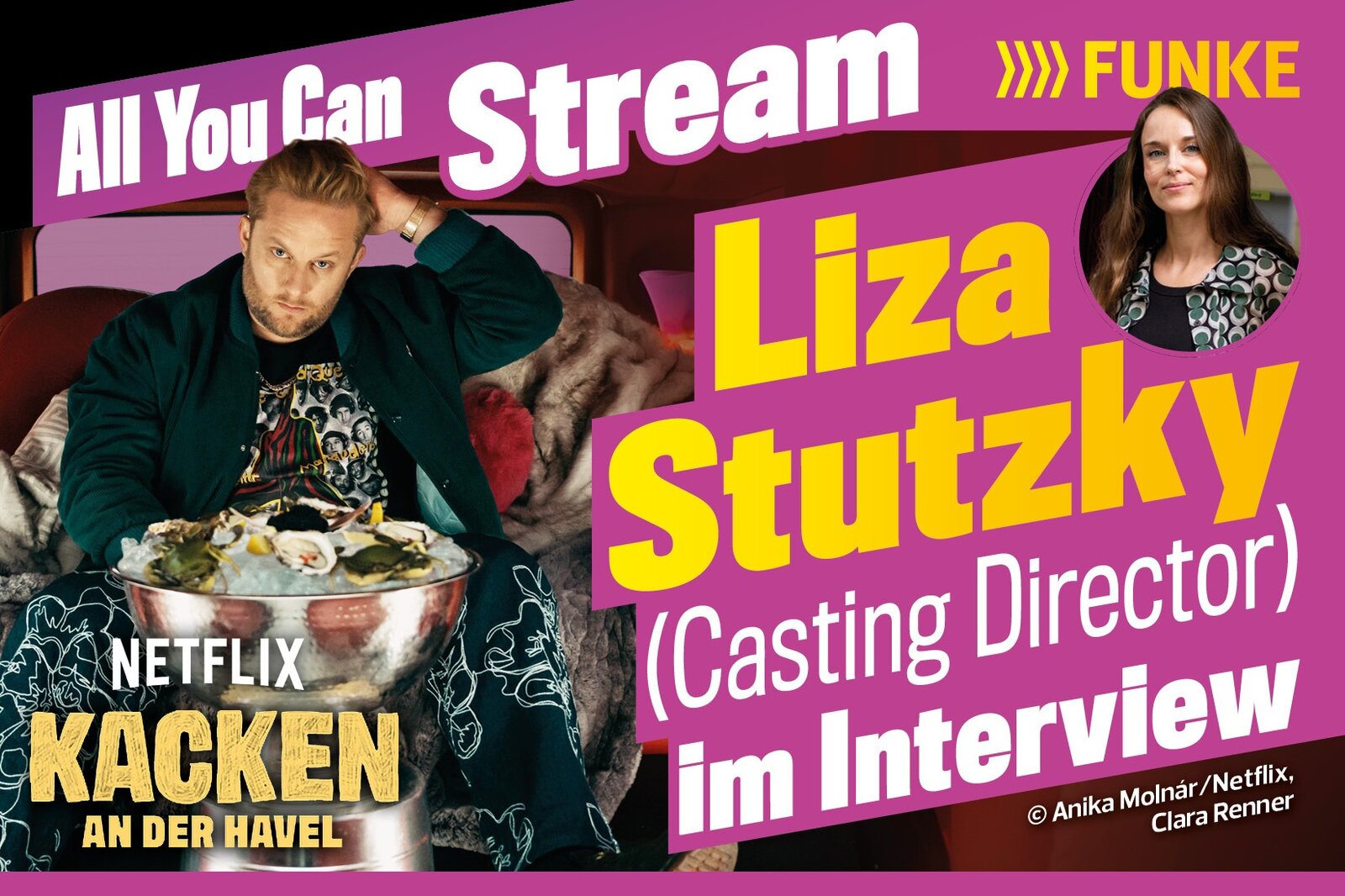 Das Plakat der Netflixserie "Kacken an der Havel" neben der Podcast-Gästin Liza Stutzky | © Netflix/TVDIGITAL