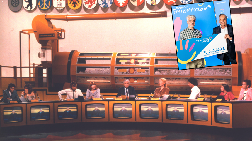 Die Fernsehlotterie im Jahr 1968 (gr. Foto) und heute mit Geschäftsführer Christian Kipper (kl. Foto, l.) | © Deutsche Fernsehlotterie