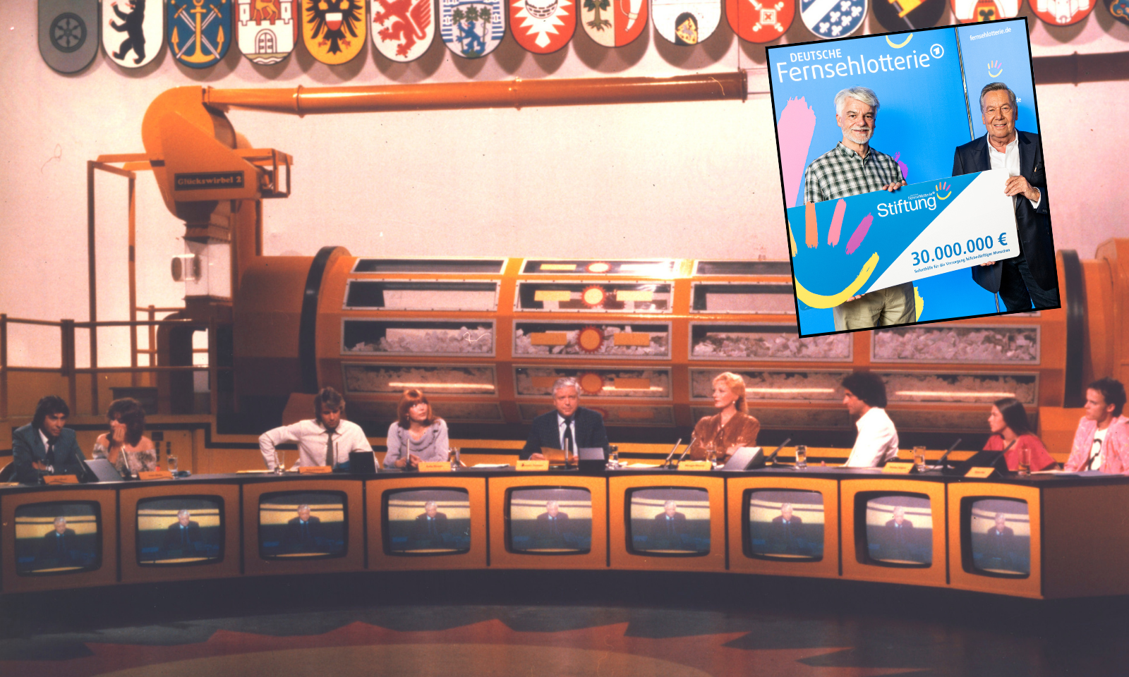 Die Fernsehlotterie im Jahr 1968 (gr. Foto) und heute mit Geschäftsführer Christian Kipper (kl. Foto, l.) | © Deutsche Fernsehlotterie