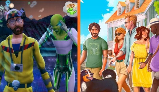 Szene aus dem Spiel die Sims mit Alien, der sich an die Schläfen packt und Mann in gelbem Outfit und Szene aus Paralivves mit fünf Personen und Hund, die durch die Stadt laufen.  | © Electronic Arts (links) und Paralives Studio (rechts)
