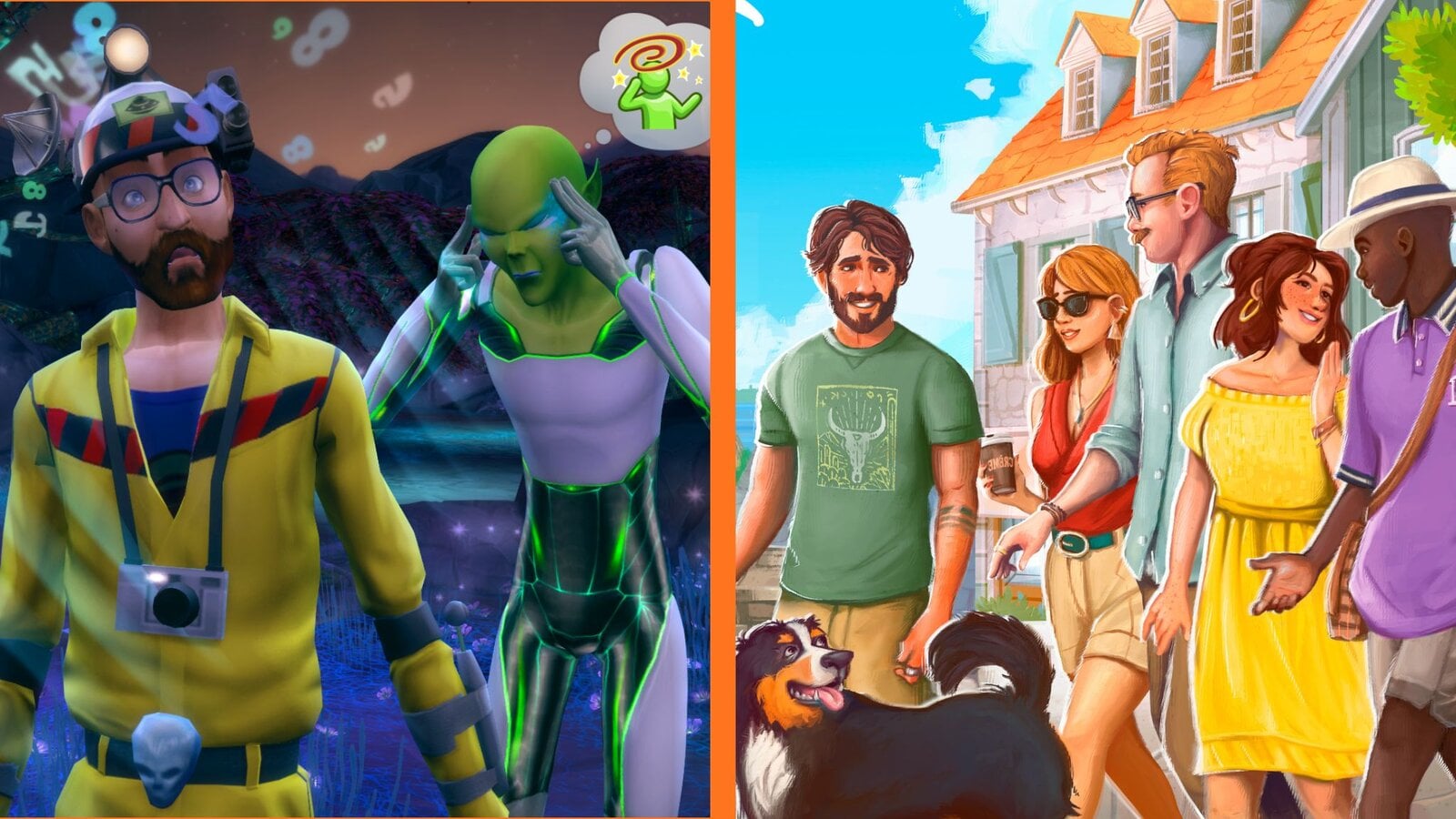 Szene aus dem Spiel die Sims mit Alien, der sich an die Schläfen packt und Mann in gelbem Outfit und Szene aus Paralivves mit fünf Personen und Hund, die durch die Stadt laufen.  | © Electronic Arts (links) und Paralives Studio (rechts)