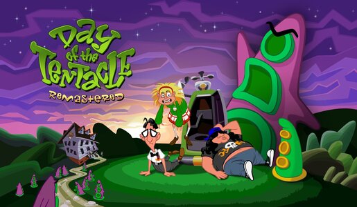 Drei Comicfiguren stehen vor einem Raumschiff und einem riesigen grünen Tentakel unter violettem Sternenhimmel auf Hügeln. | © Disney / Double Fine Productions