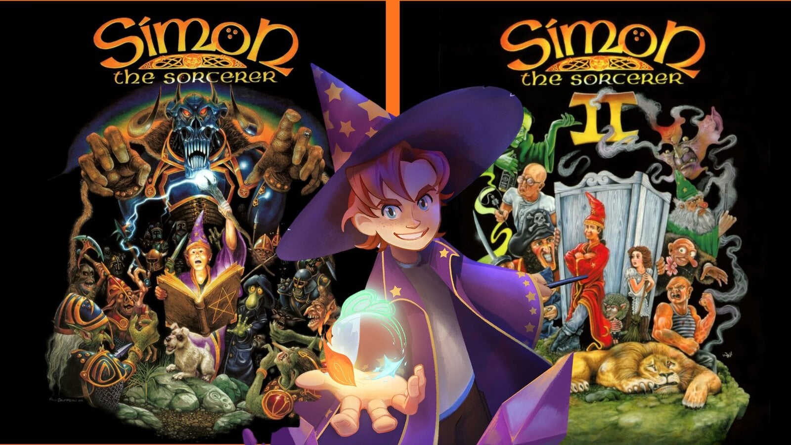 Ein lächelnder junger Zauberer mit violettem Hut hält eine leuchtende Kugel, dahinter die Cover von „Simon the Sorcerer“ 1+2 | © Smallthing Studios / ININ