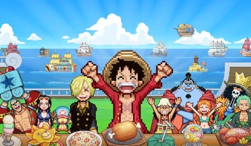 Ein junger Mann mit Strohhut reißt begeistert die Arme hoch, während Freunde an einer festlichen Tafel am Ozean jubeln. | © Bandai Namco Entertainment Europe / Kairosoft