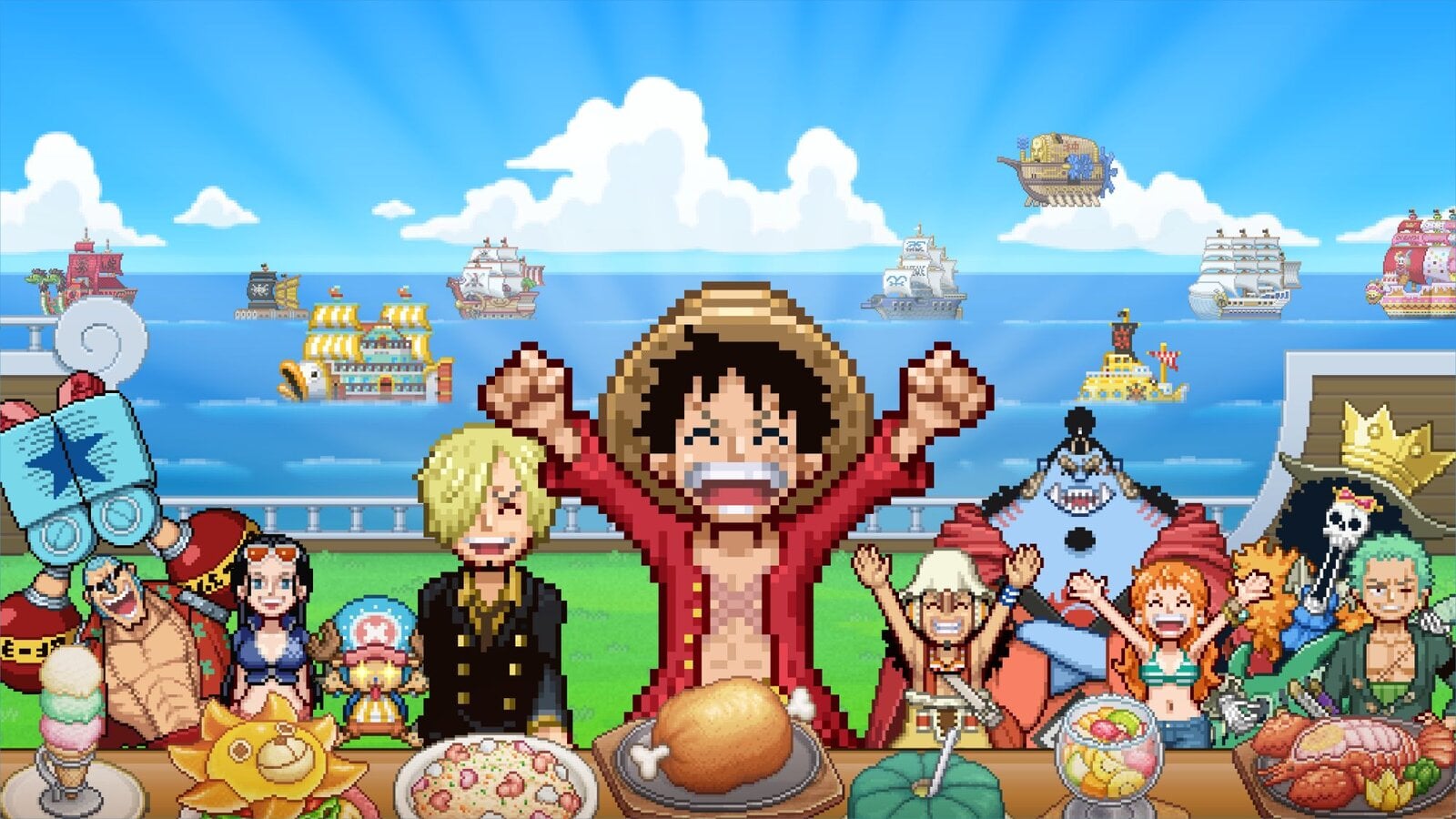 Ein junger Mann mit Strohhut reißt begeistert die Arme hoch, während Freunde an einer festlichen Tafel am Ozean jubeln. | © Bandai Namco Entertainment Europe / Kairosoft