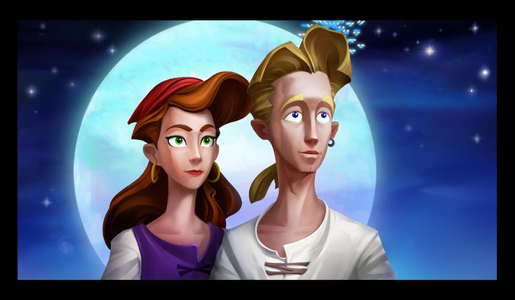 Guybrush und Elaine im Portrait vor einem Vollmond-Hintergrund. | © The Walt Disney Company