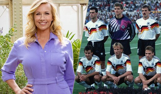 Andrea Kiewel  begrüßt im ZDF-Fernsehgarten zwei Fußballweltmeister von 1990 | © ZDF / Imago